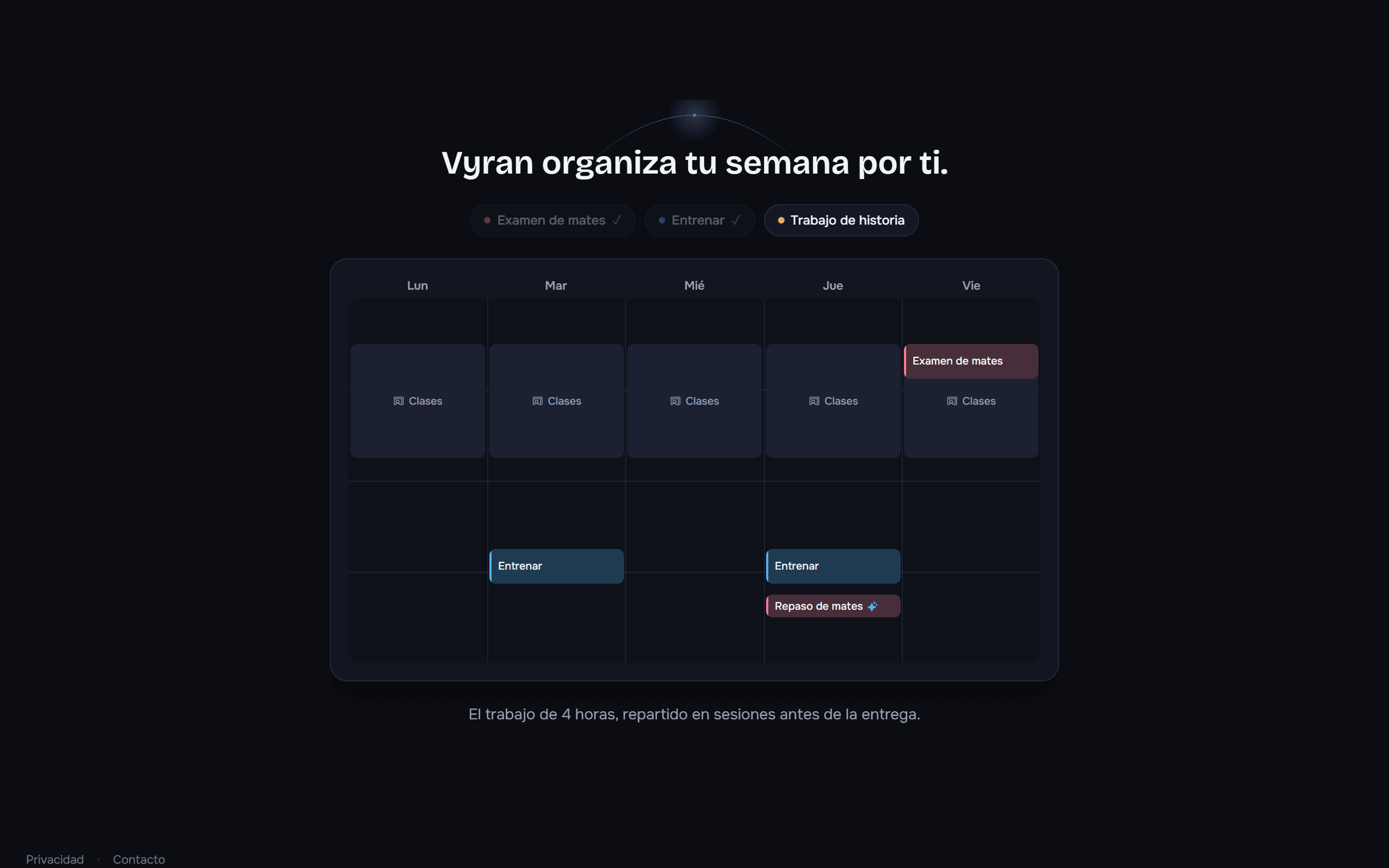 La vista semanal de Vyran en un ordenador: las tareas ya colocadas en los huecos libres, entre los bloques fijos de clase y entrenamiento, con cada color indicando su prioridad.