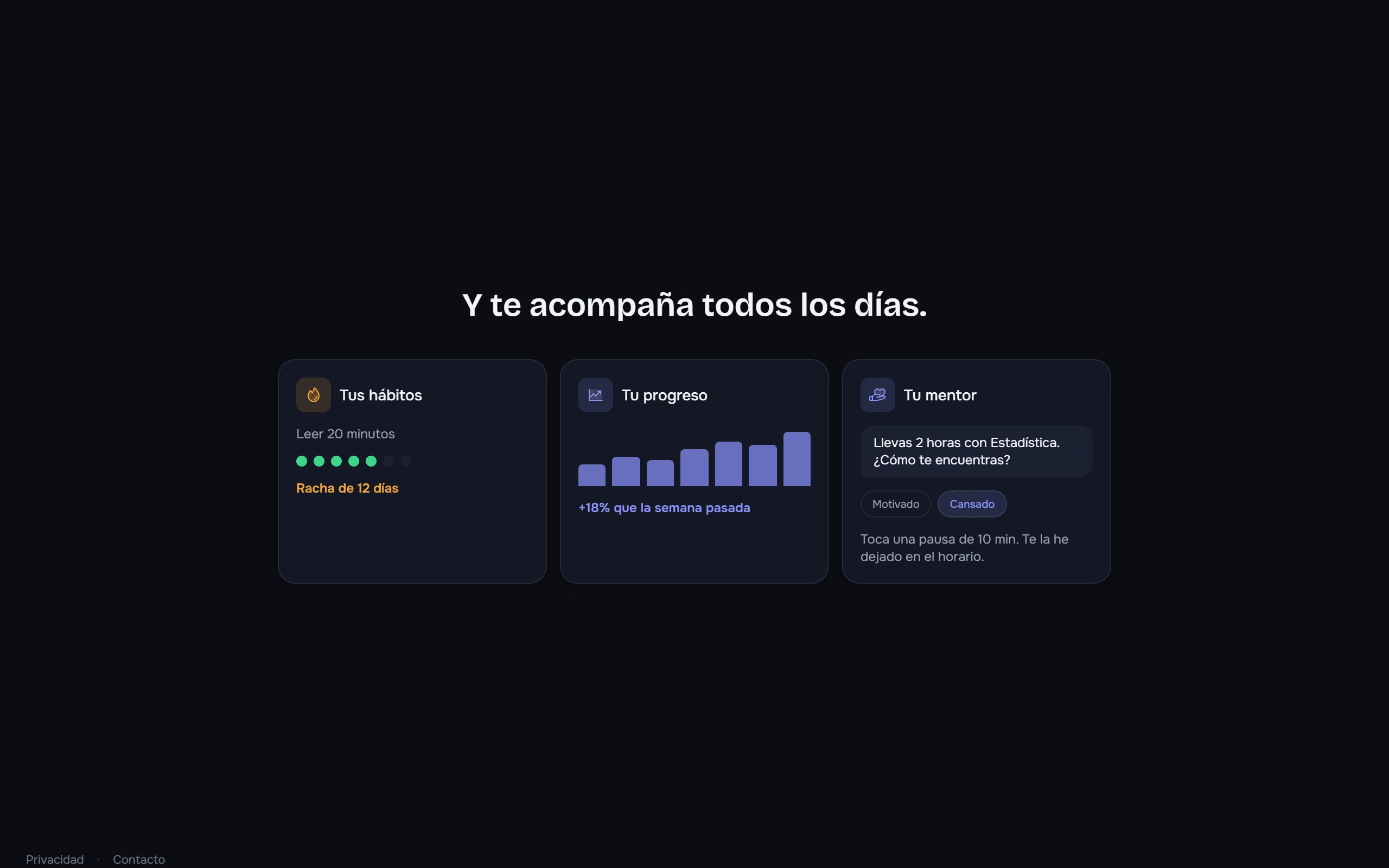 El panel de Vyran con el progreso del día, la racha de hábitos y una sugerencia del mentor sobre cómo repartir el estudio de la tarde.